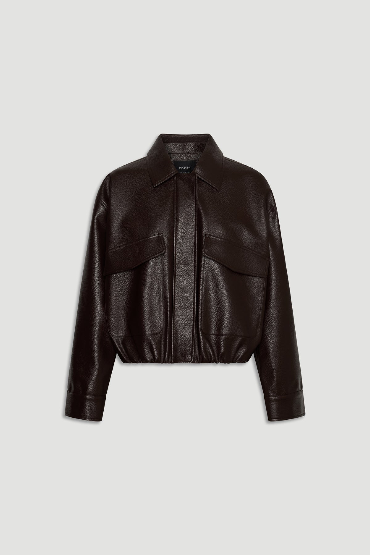 Reece Faux Leather Jacket in dark espresso with large flap pockets and elastic hem by DECJUBA Australian fashion brand