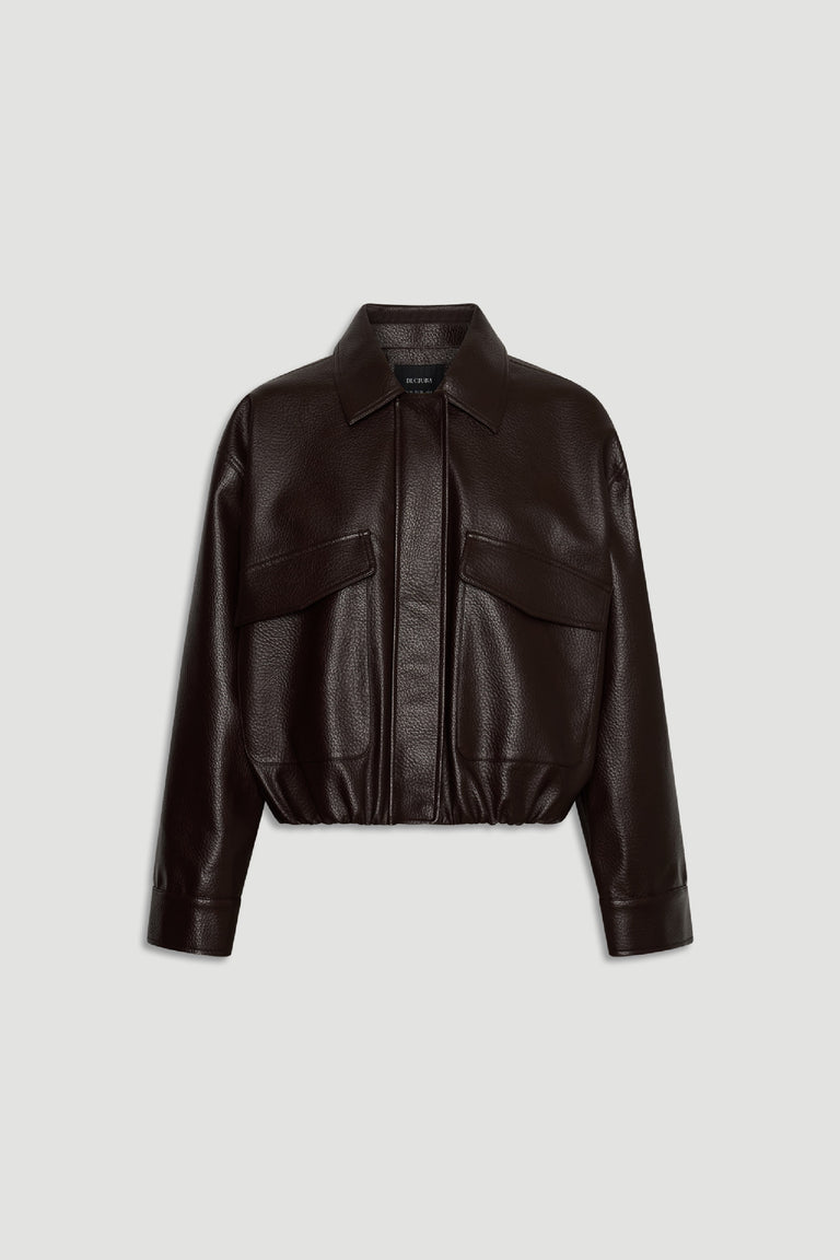Reece Faux Leather Jacket in dark espresso with large flap pockets and elastic hem by DECJUBA Australian fashion brand
