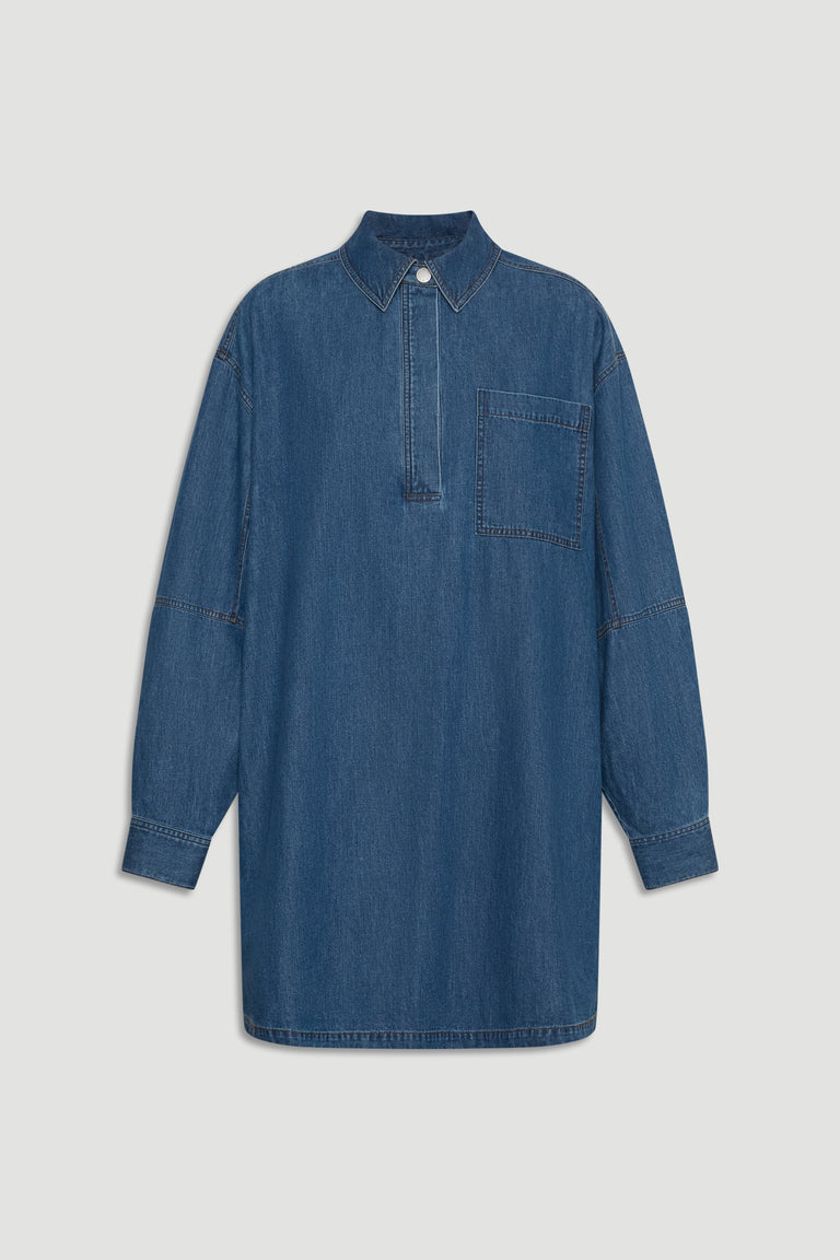 D-Luxe Chambray Stitch Dress in soft denim cotton with relaxed fit, collar, chest pocket, and long sleeves by Decjuba
