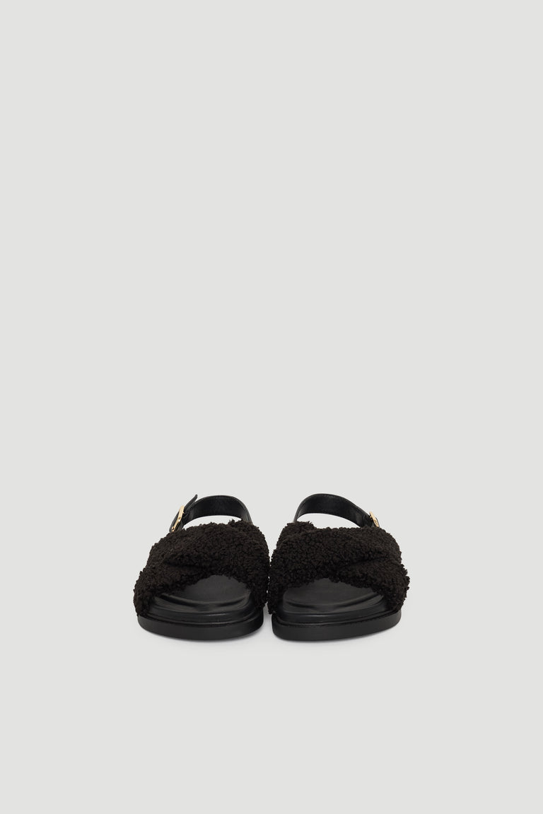 D-Luxe Lily Crossover Slide in black textured fabric with adjustable strap, stylish and comfortable by DECJUBA Australian brand