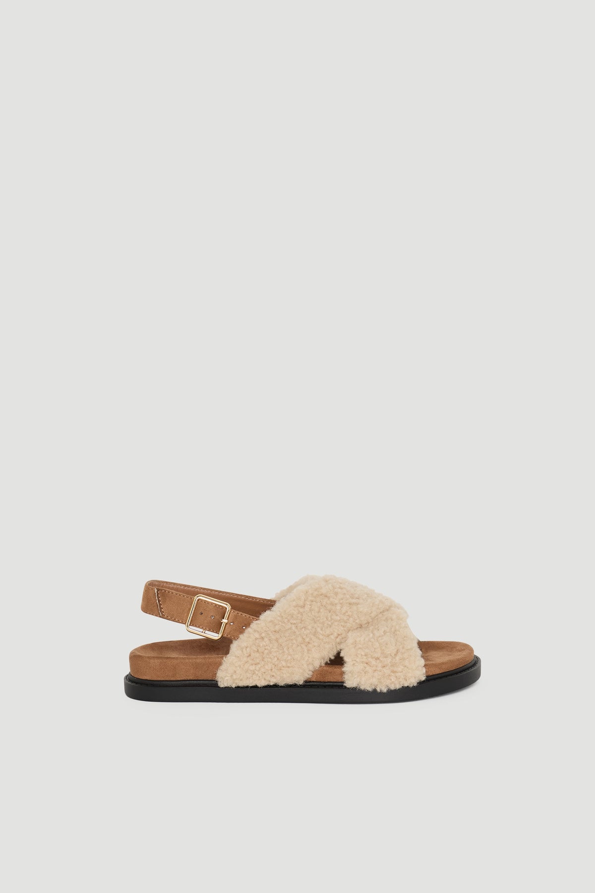 D-Luxe Lily Crossover Slide in soft cream shearling with adjustable brown strap, cozy and stylish by DECJUBA Australian brand
