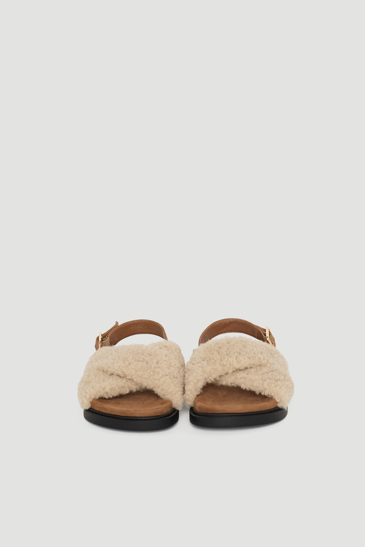 D-Luxe Lily Crossover Slide in soft cream shearling with cushioned sole and adjustable buckle by DECJUBA Australian fashion brand