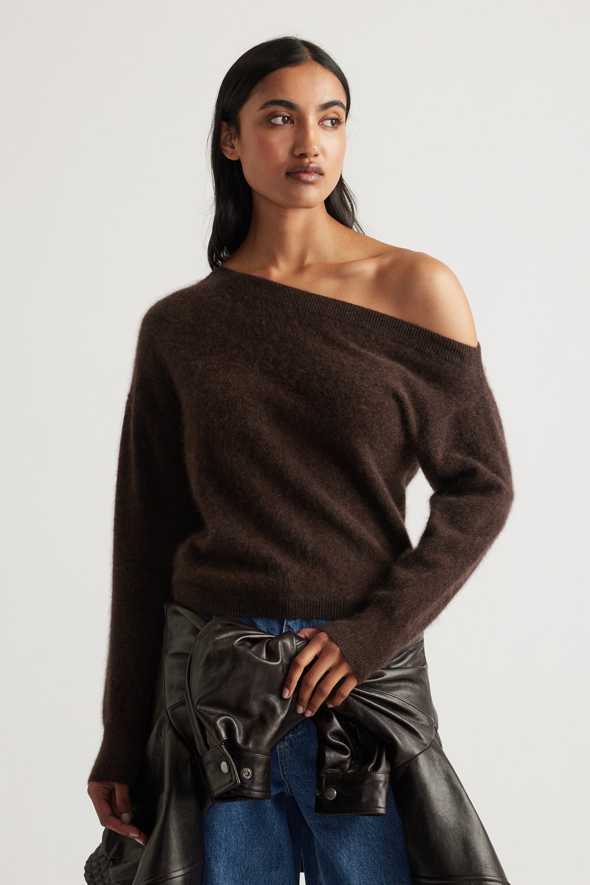 Soft chocolate brown wool jumper with relaxed drop shoulder design for a cozy, stylish layered look