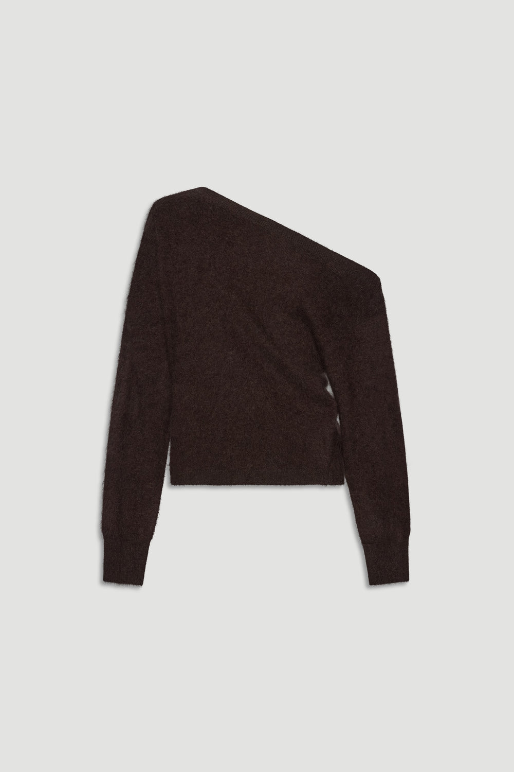 Dark chocolate one-shoulder wool jumper with a soft, cozy texture for a stylish, modern layered look.