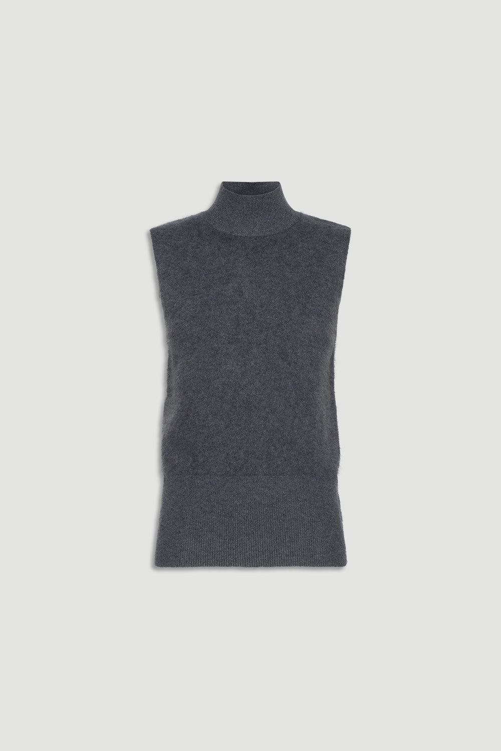 Charcoal grey wool knit vest with a high neckline and sleeveless design for cozy, versatile layering.