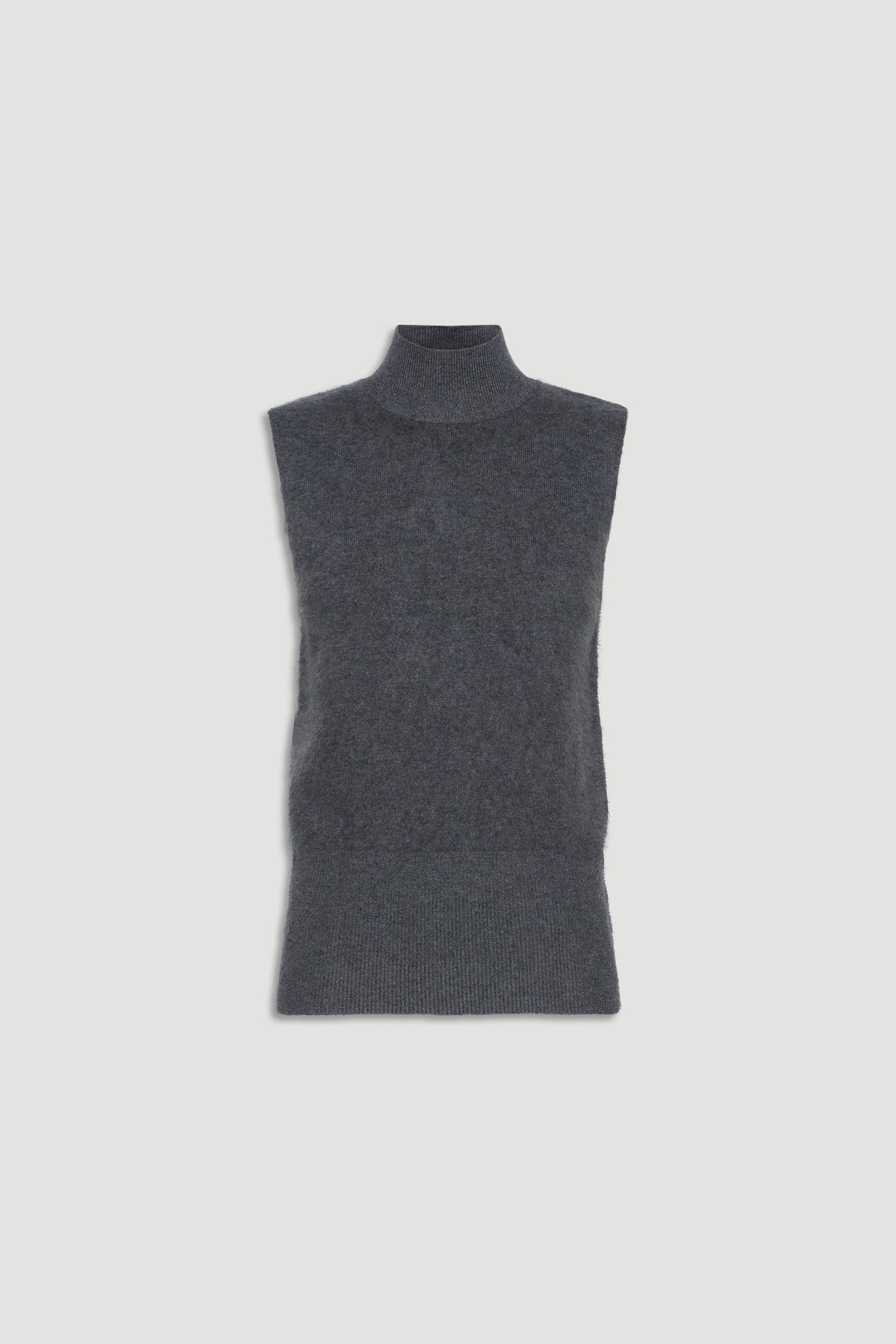 Charcoal grey wool knit vest with a high neckline and sleeveless design for cozy, versatile layering.
