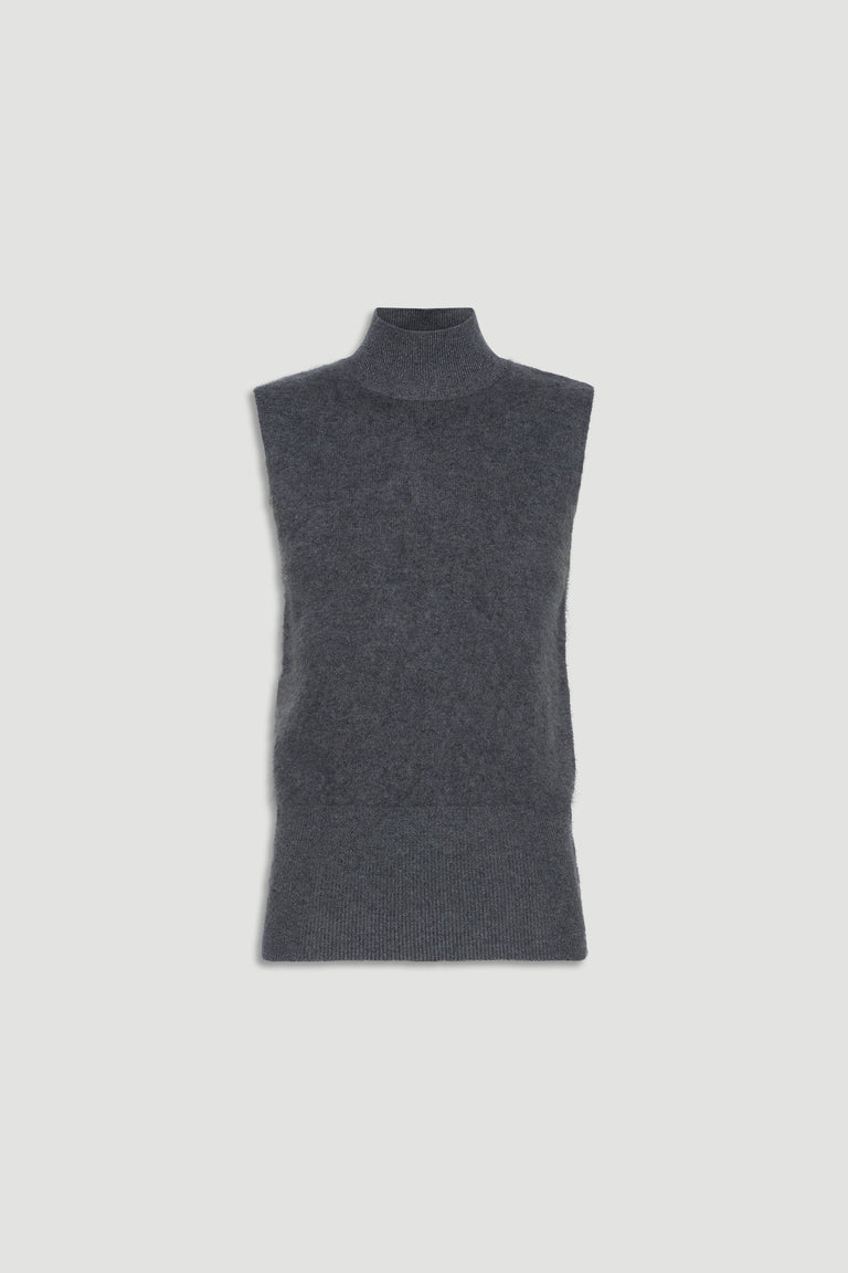 Charcoal grey wool knit vest with a high neckline and sleeveless design for cozy, versatile layering.