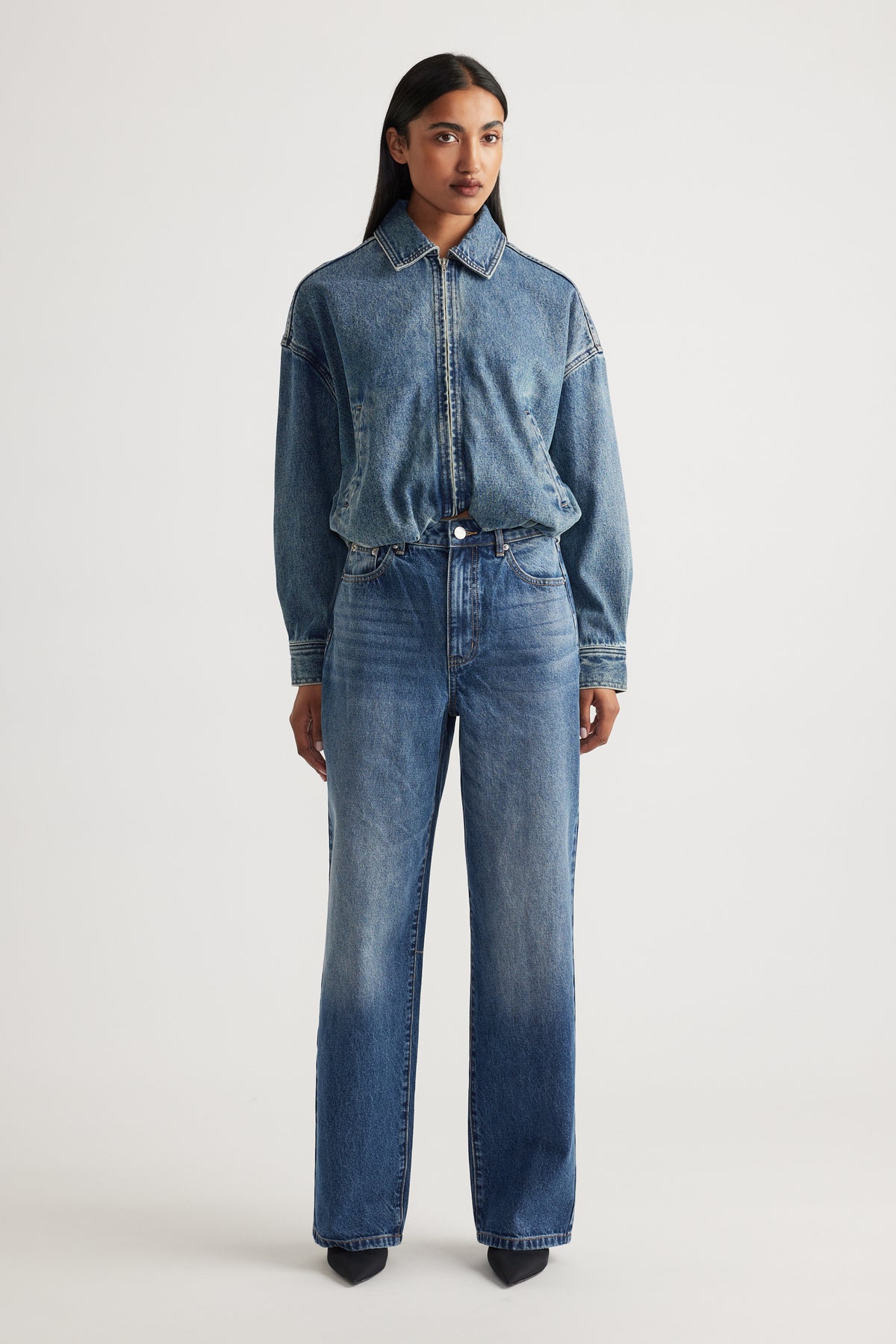 Ariana Straight Leg Jean in mid blue denim with high rise and relaxed straight fit by DECJUBA Australian fashion brand