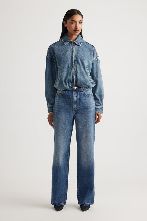 Ariana Straight Leg Jean in mid blue denim with high rise and relaxed straight fit by DECJUBA Australian fashion brand