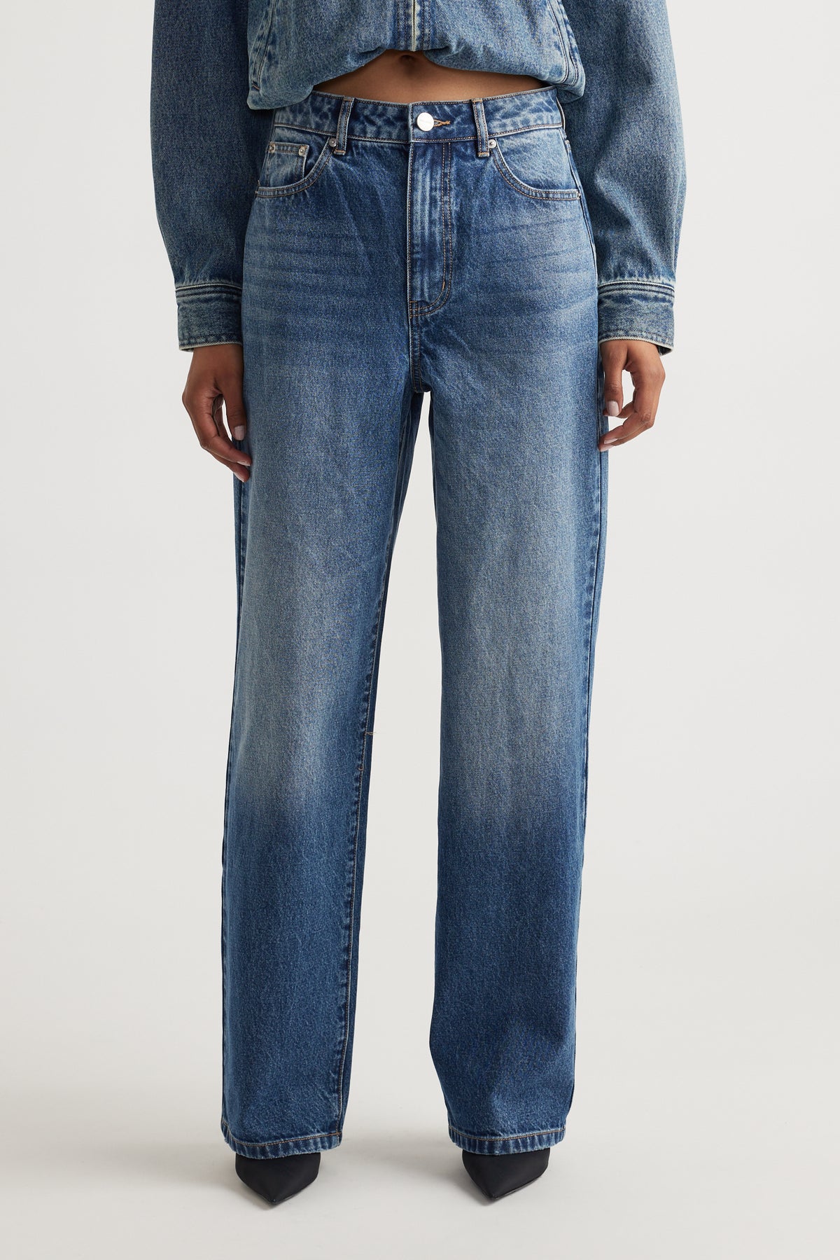 Ariana Straight Leg Jean in mid-blue denim with high waist and relaxed fit by DECJUBA Australian fashion brand