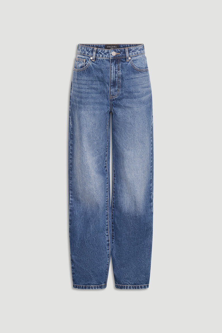Ariana Straight Leg Jean in faded blue denim with high rise waist and relaxed straight fit by DECJUBA Australian fashion brand