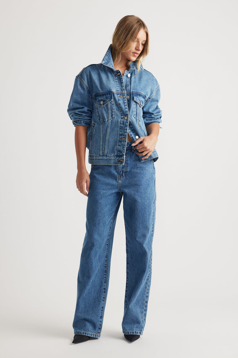 Ariana Straight Leg Jean in classic blue denim with a relaxed fit paired with a matching denim jacket by DECJUBA Australian fashion brand