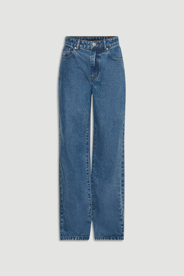 Ariana Straight Leg Jean in classic blue denim with a comfortable high waist and relaxed fit by DECJUBA Australian brand