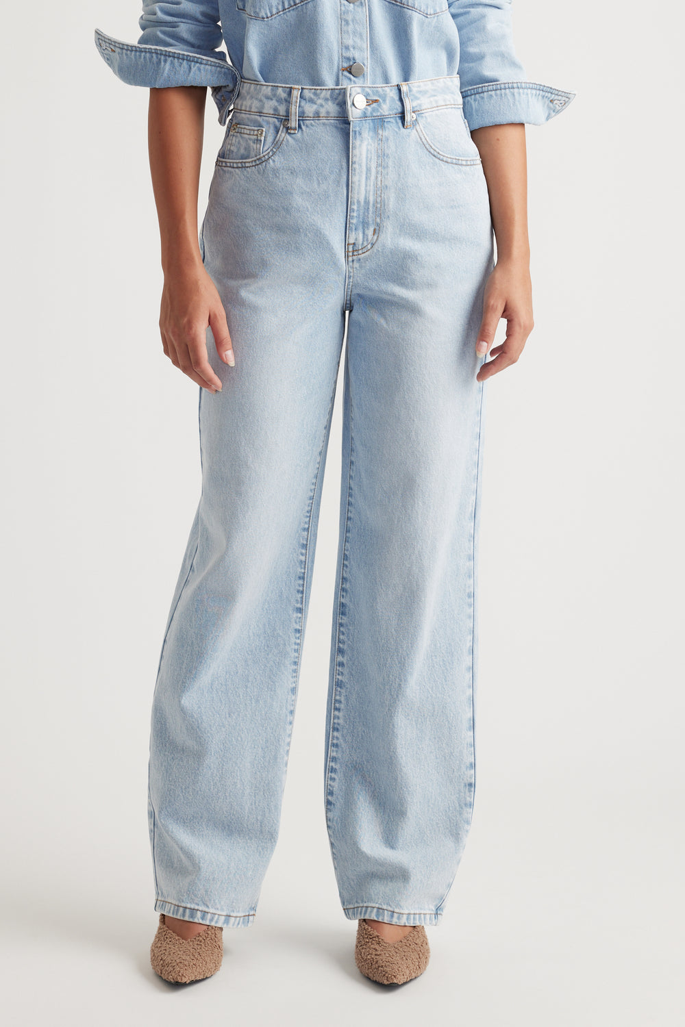 Ariana Straight Leg Jean in light blue denim with high waist and relaxed fit by DECJUBA Australian fashion brand