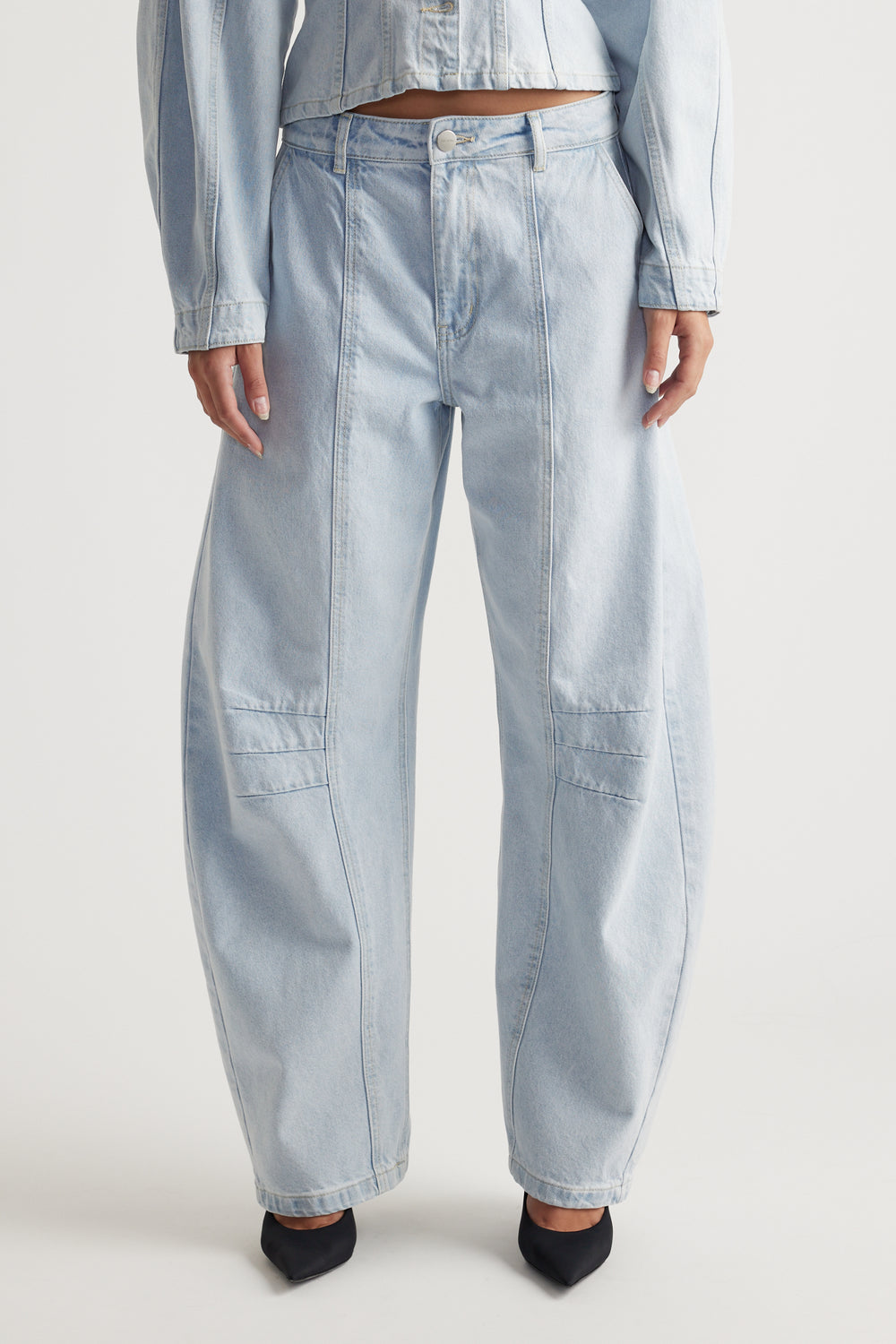 Amaya Barrel Jean in light wash denim with wide-leg fit and detailed paneling by DECJUBA Australian fashion brand