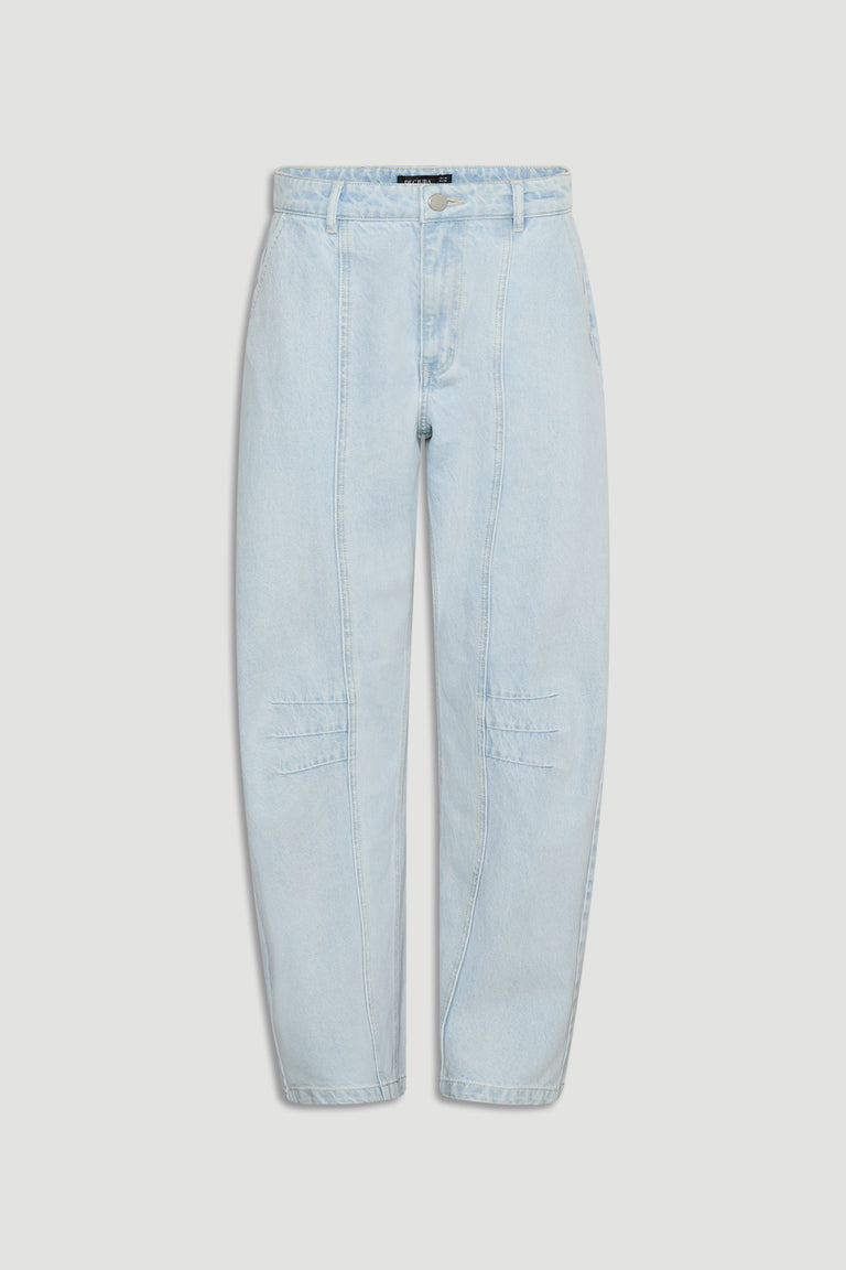 Amaya Barrel Jean in light denim with tapered fit and subtle seam details by DECJUBA Australian fashion brand
