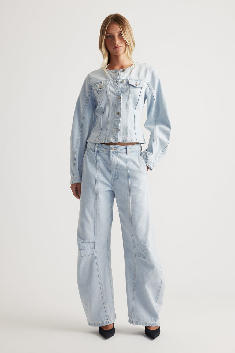 Amaya Barrel Denim Jacket in light wash with structured seams and button front by DECJUBA Australian fashion brand