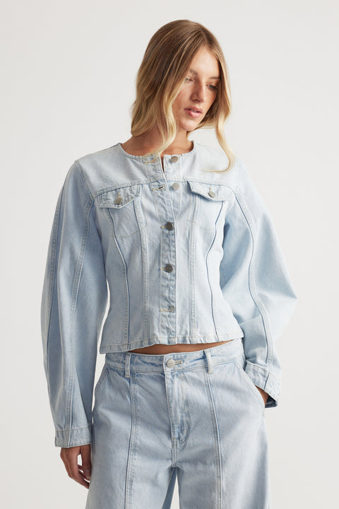 Amaya Barrel Denim Jacket in light wash denim with structured fit and button closures by DECJUBA Australian fashion brand