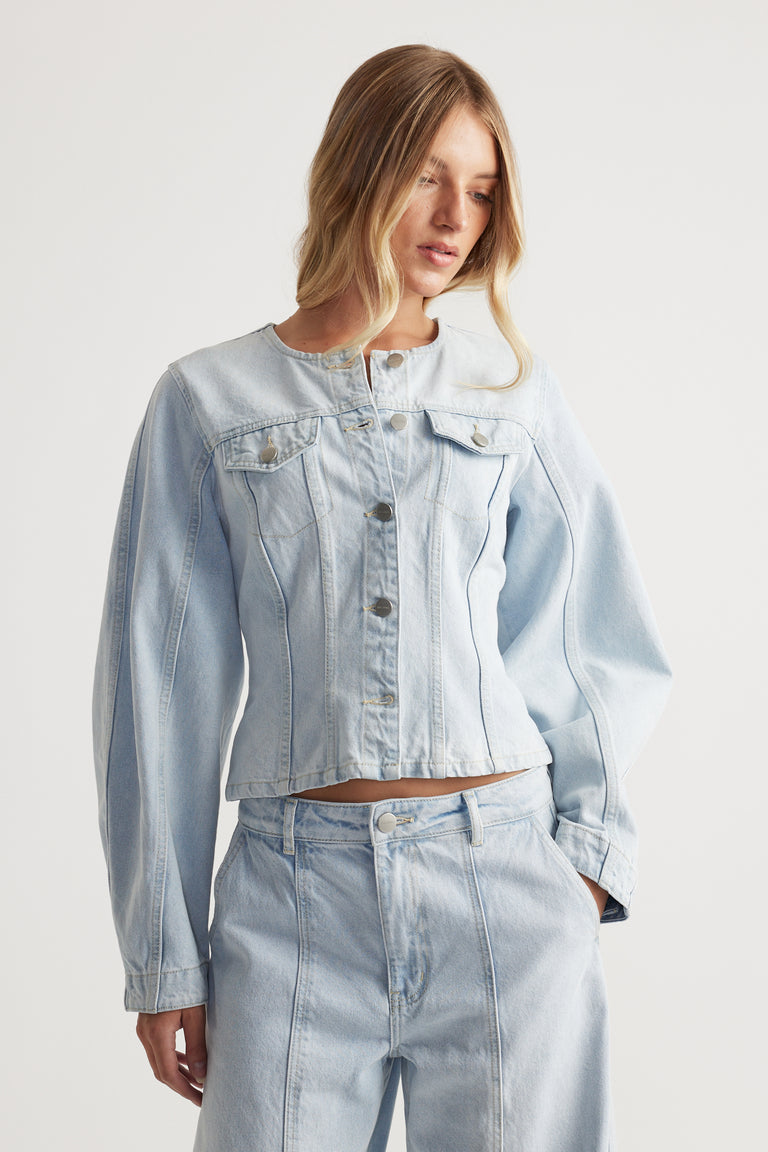Amaya Barrel Denim Jacket in light wash denim with structured fit and button closures by DECJUBA Australian fashion brand