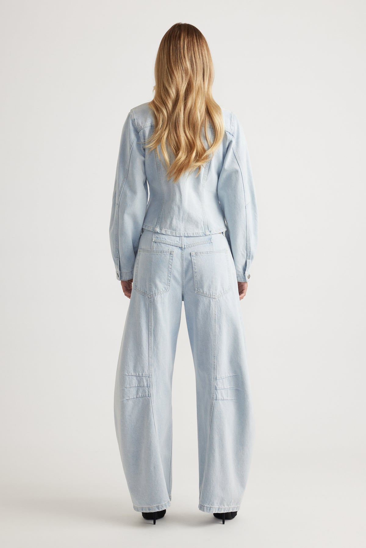 Amaya Barrel Denim Jacket in light blue with relaxed fit and tailored seams by DECJUBA Australian fashion brand