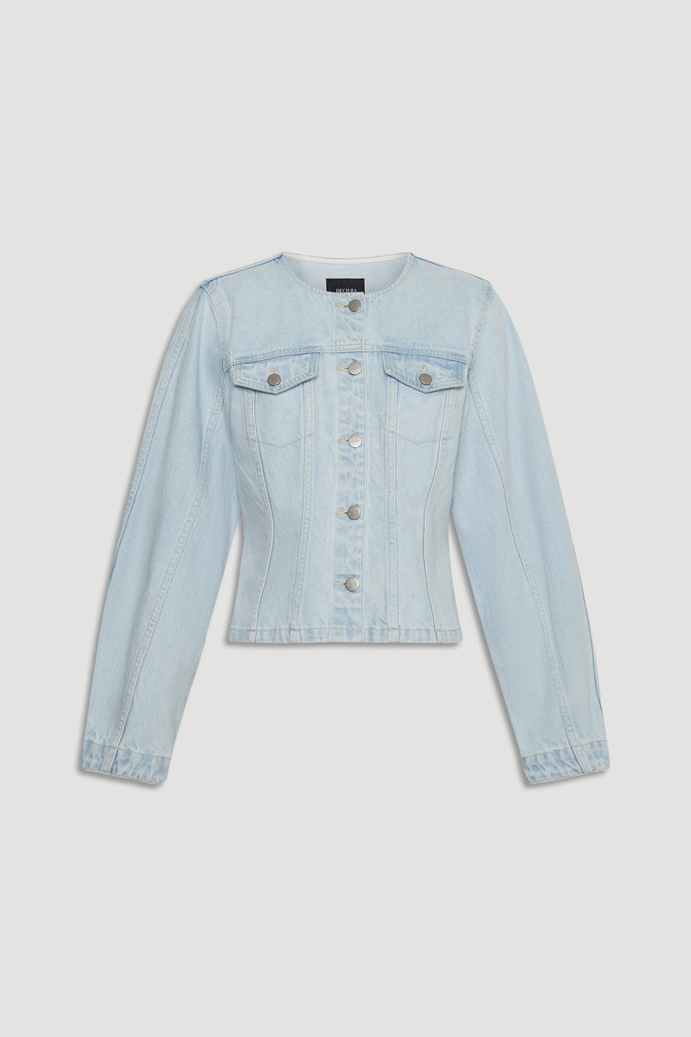 Amaya Barrel Denim Jacket in light blue with fitted silhouette, button front, and chest pockets by DECJUBA Australian fashion brand