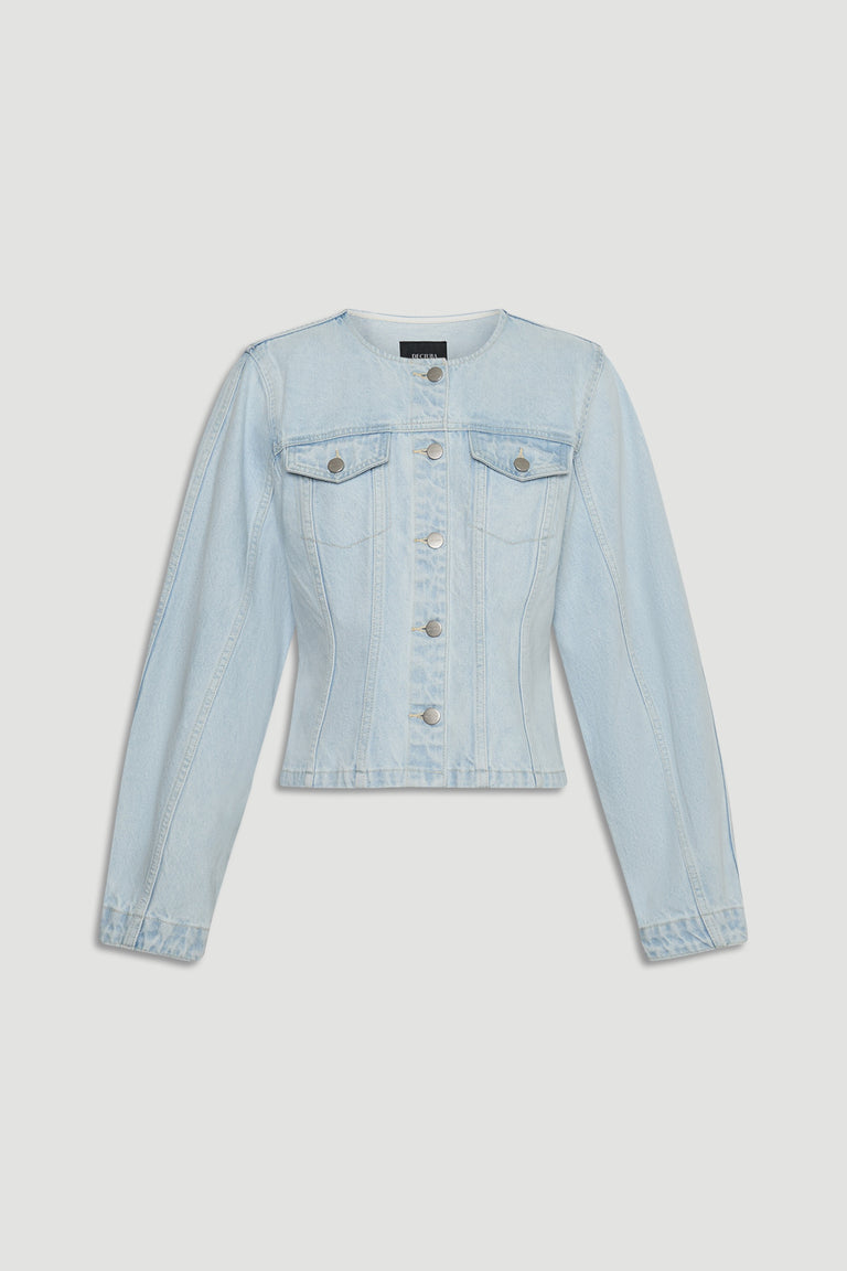 Amaya Barrel Denim Jacket in light blue with fitted silhouette, button front, and chest pockets by DECJUBA Australian fashion brand