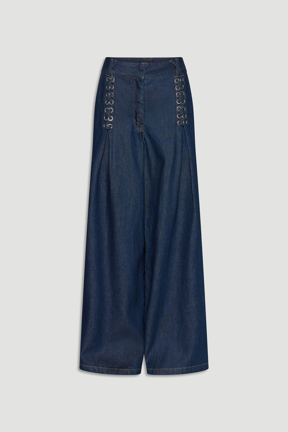 Dark indigo wide leg jeans with high waist and unique lace-up eyelet details on front panels.