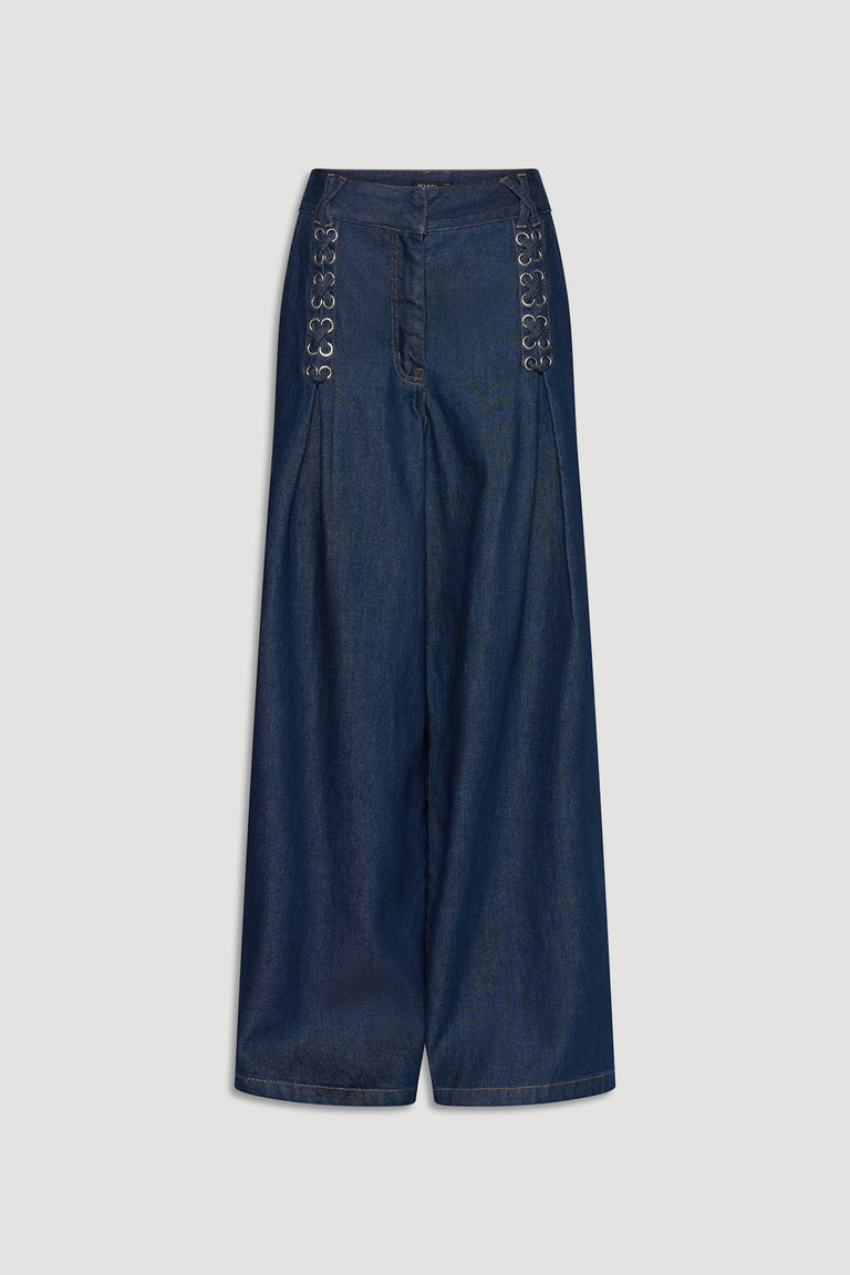 Dark indigo wide leg jeans with high waist and unique lace-up eyelet details on front panels.