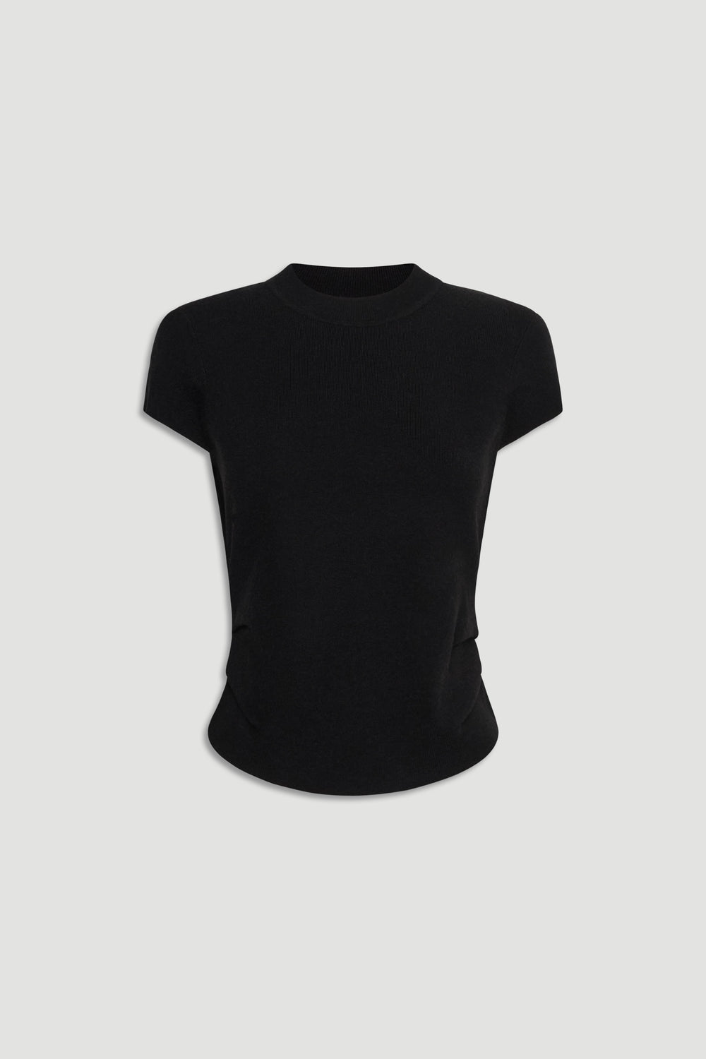 Black Lily Pleat Detail Knit Tee with subtle pleats and short sleeves, crafted for timeless, versatile layering.