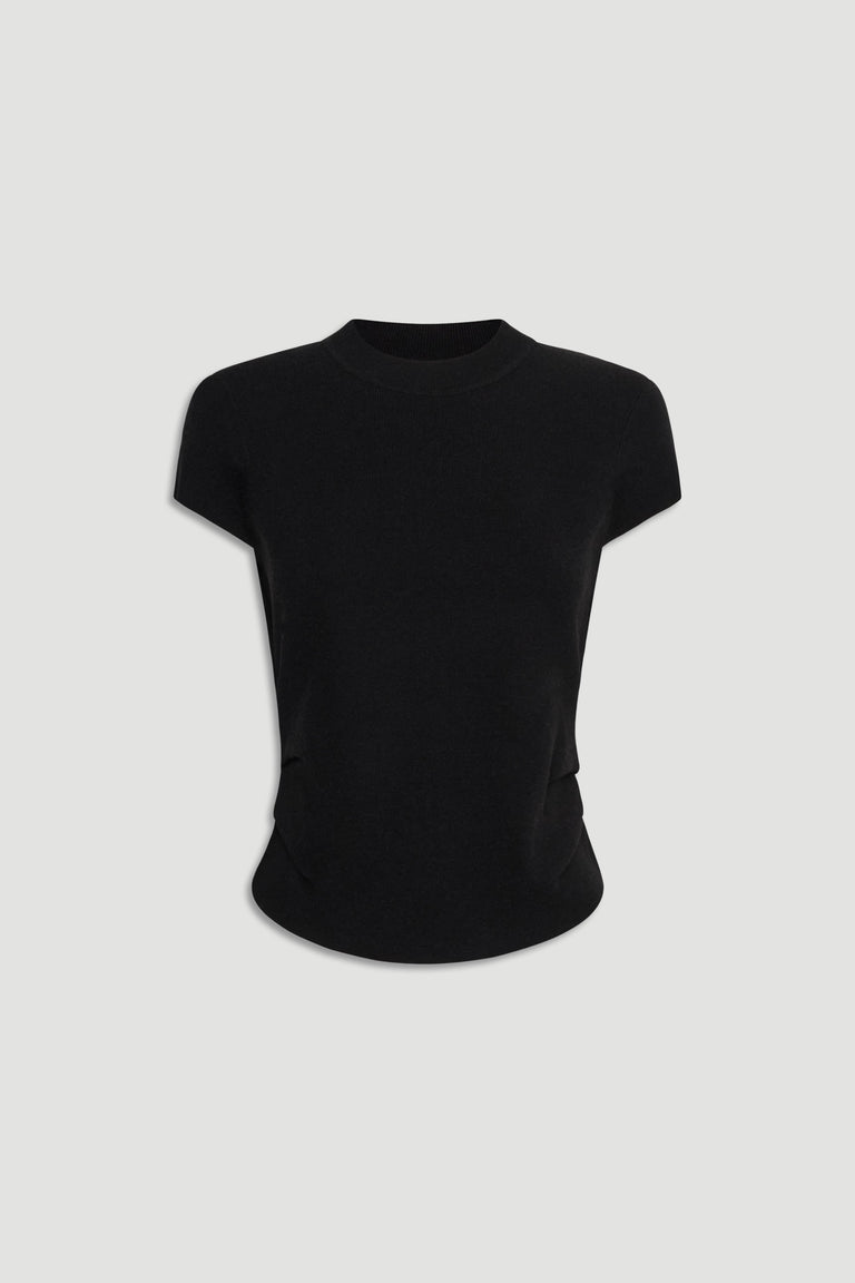 Black Lily Pleat Detail Knit Tee with subtle pleats and short sleeves, crafted for timeless, versatile layering.