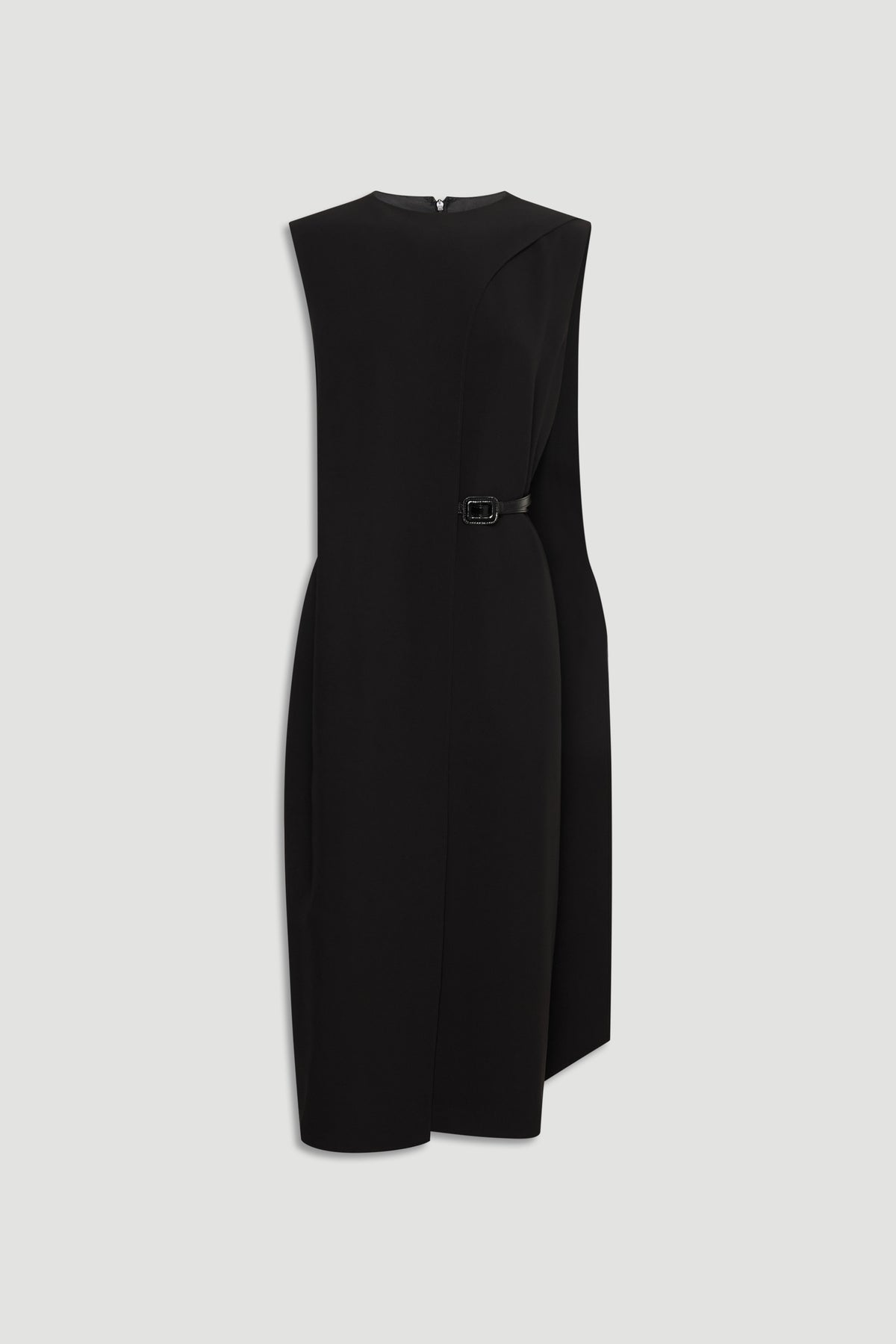 Isla Overlay Midi Dress in black with sleeveless design, asymmetrical overlay, and sleek belt detail by DECJUBA