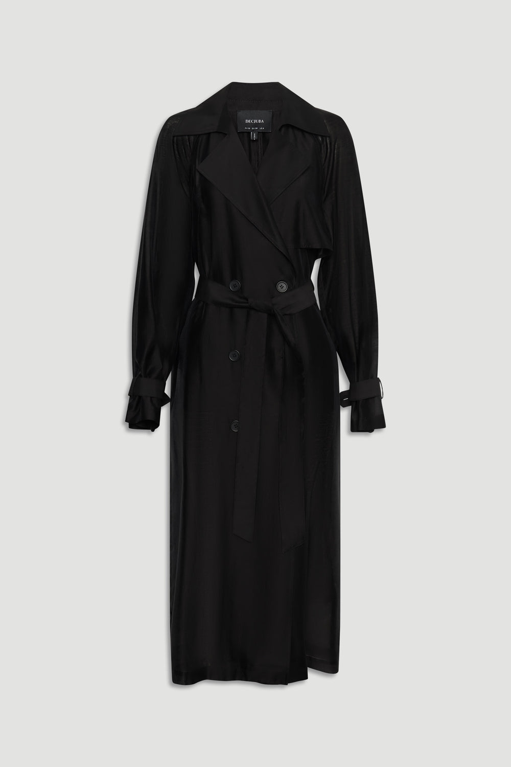 Briar Sheer Trench Coat in black with double-breasted buttons, belted waist, and cuffed long sleeves by DECJUBA