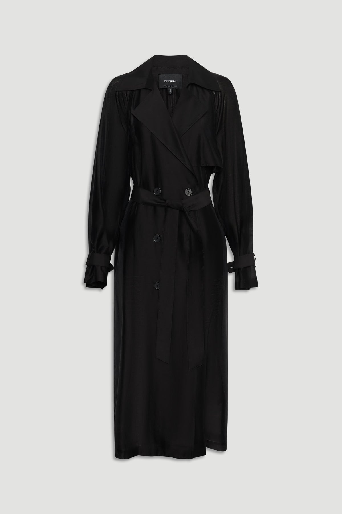 Briar Sheer Trench Coat in black with double-breasted buttons, belted waist, and cuffed long sleeves by DECJUBA