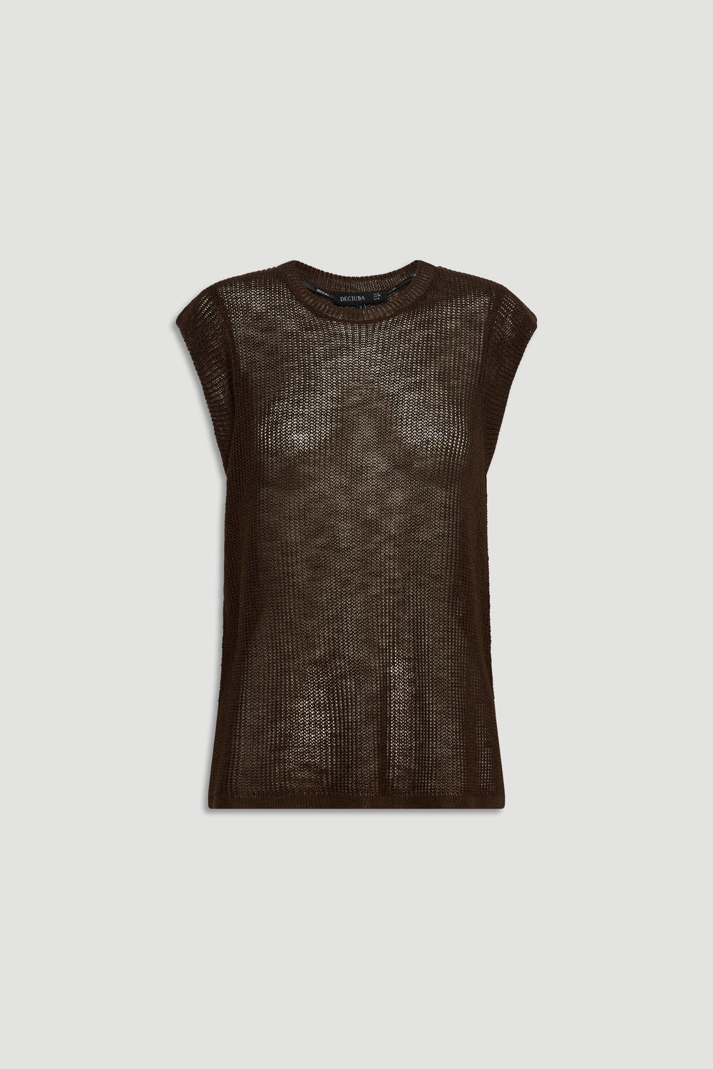 Sleeveless brown knit tank top with a relaxed fit and breathable open-weave texture for effortless layering.