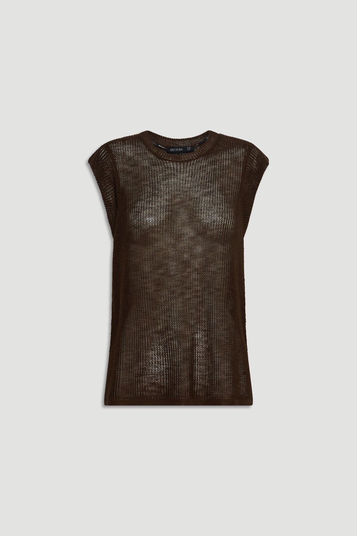 Sleeveless brown knit tank top with a relaxed fit and breathable open-weave texture for effortless layering.