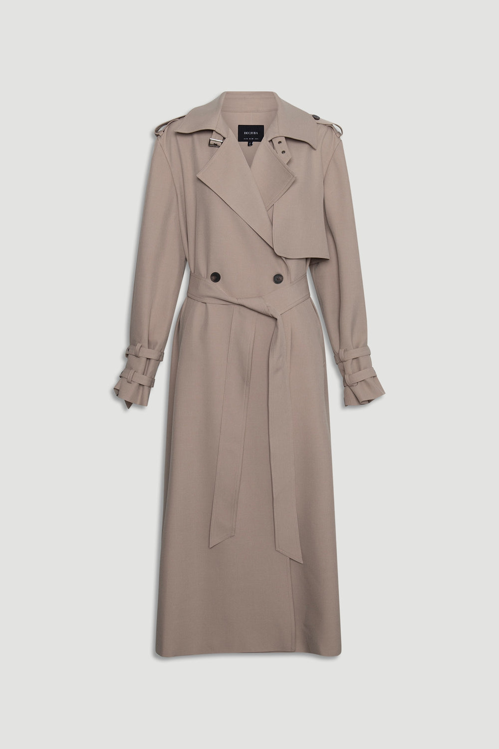 Longline biscuit beige trench coat featuring a belted waist, double-breasted front, and detailed cuff straps for a timeless look