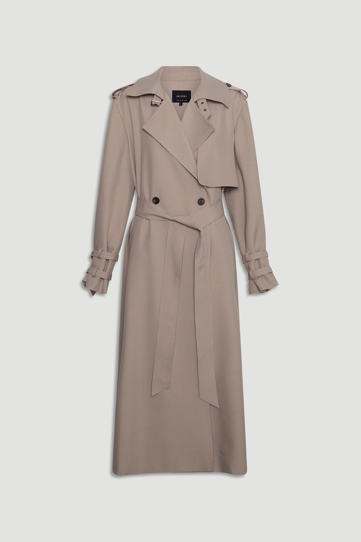 Longline biscuit beige trench coat featuring a belted waist, double-breasted front, and detailed cuff straps for a timeless look