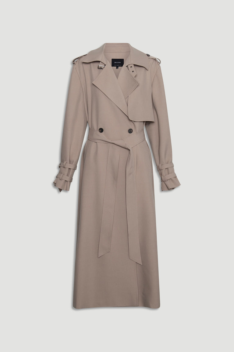 Longline biscuit beige trench coat featuring a belted waist, double-breasted front, and detailed cuff straps for a timeless look