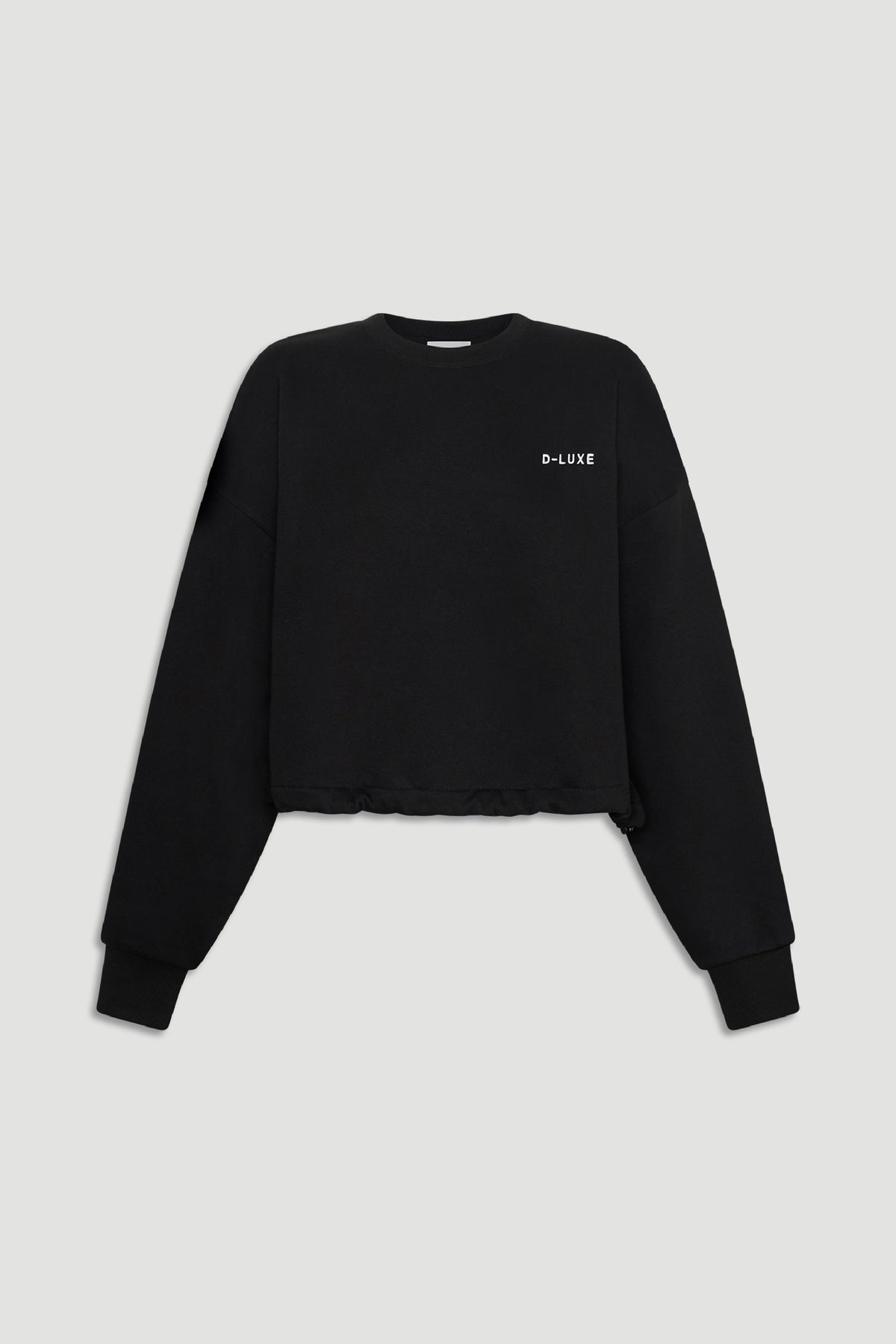 D-Luxe Logo Crop Sweat in black with a relaxed fit and subtle logo detail, designed for everyday versatile style by DECJUBA