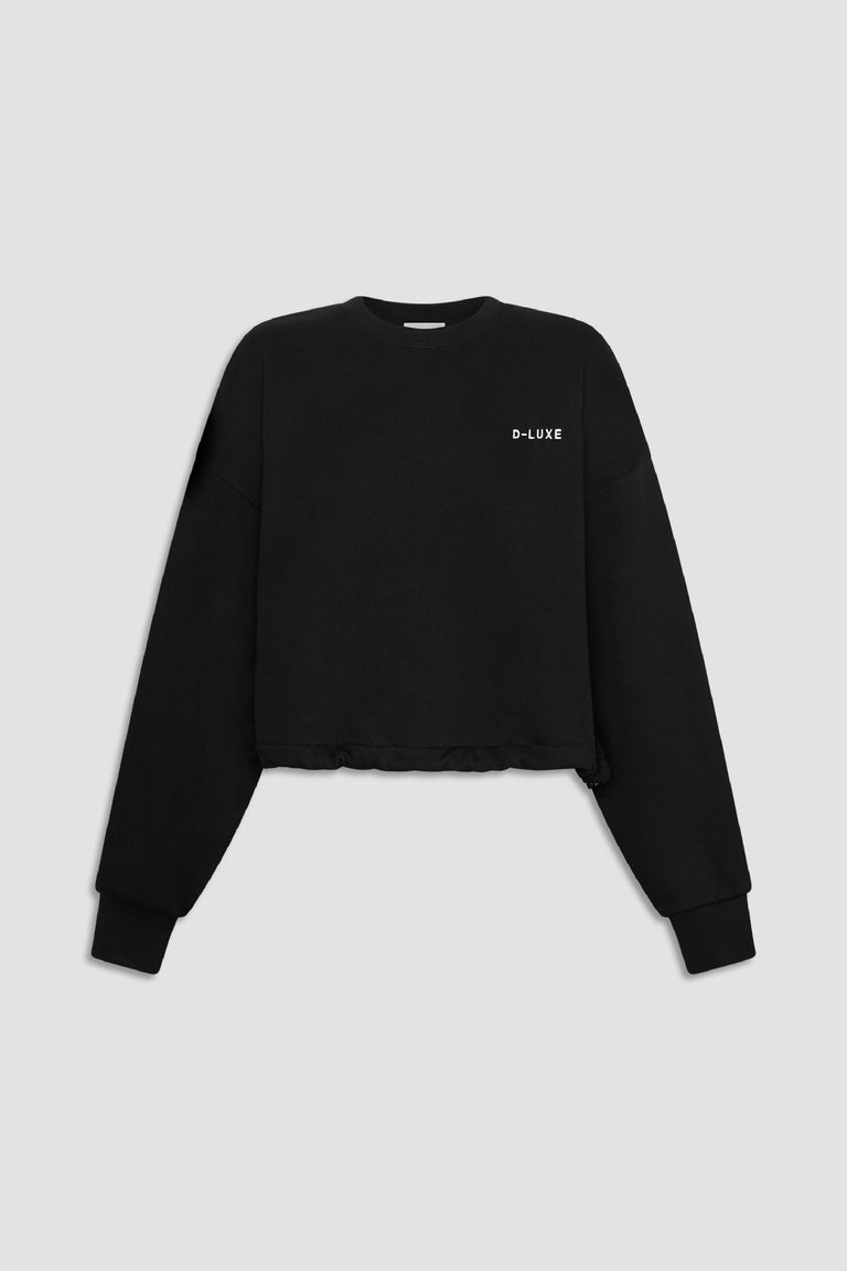 D-Luxe Logo Crop Sweat in black with a relaxed fit and subtle logo detail, designed for everyday versatile style by DECJUBA