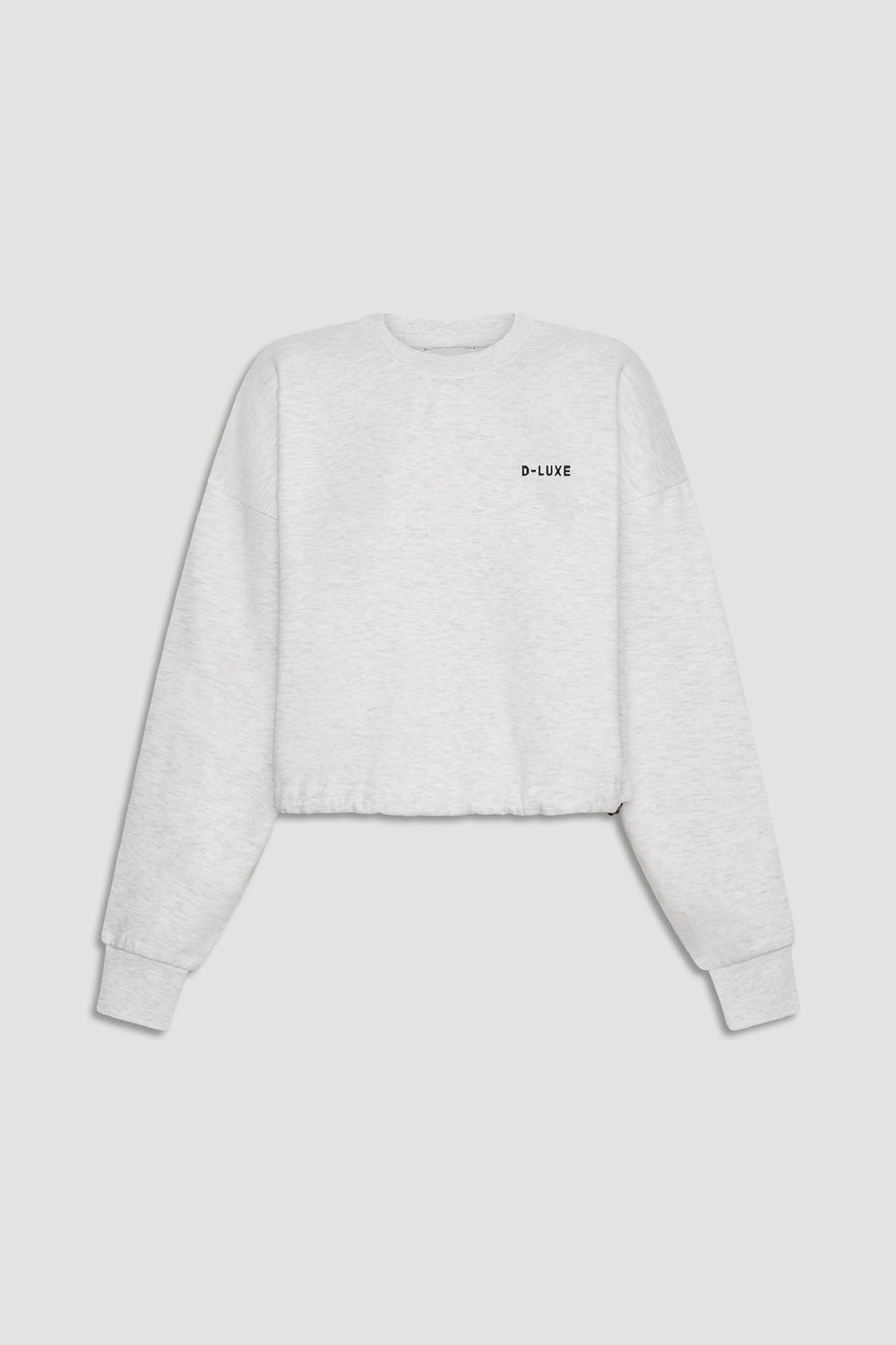 Light grey cropped sweatshirt with long sleeves and small contrasting logo on the chest for a casual look