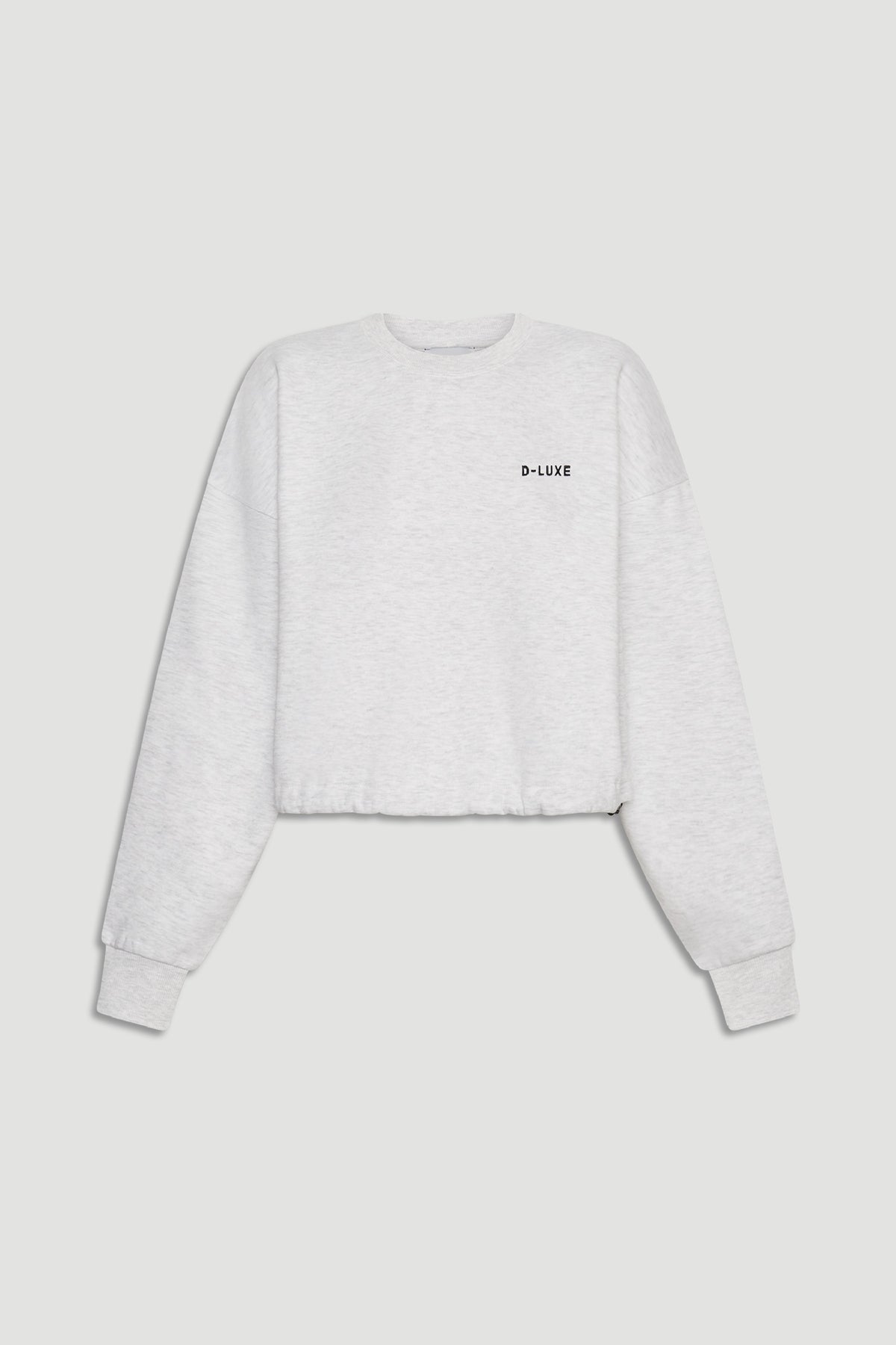 Light grey cropped sweatshirt with long sleeves and small contrasting logo on the chest for a casual look