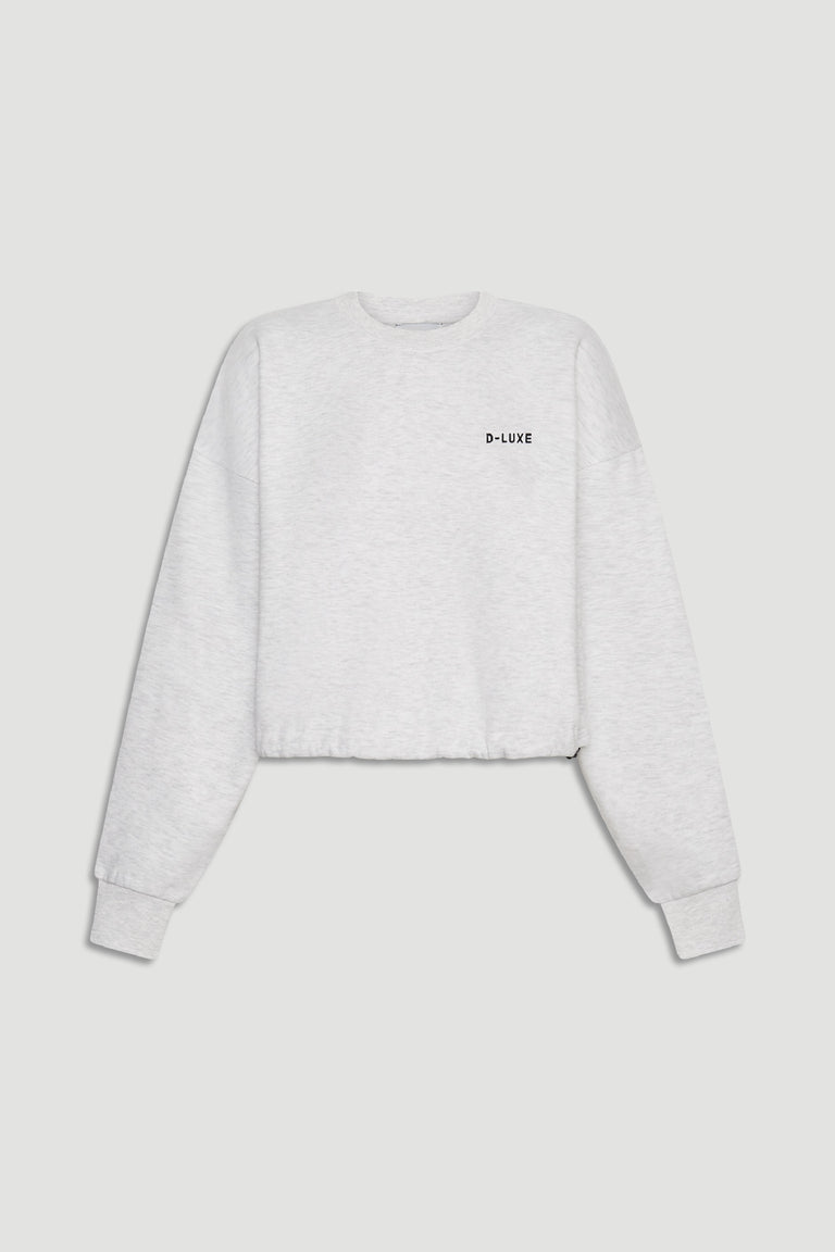 Light grey cropped sweatshirt with long sleeves and small contrasting logo on the chest for a casual look