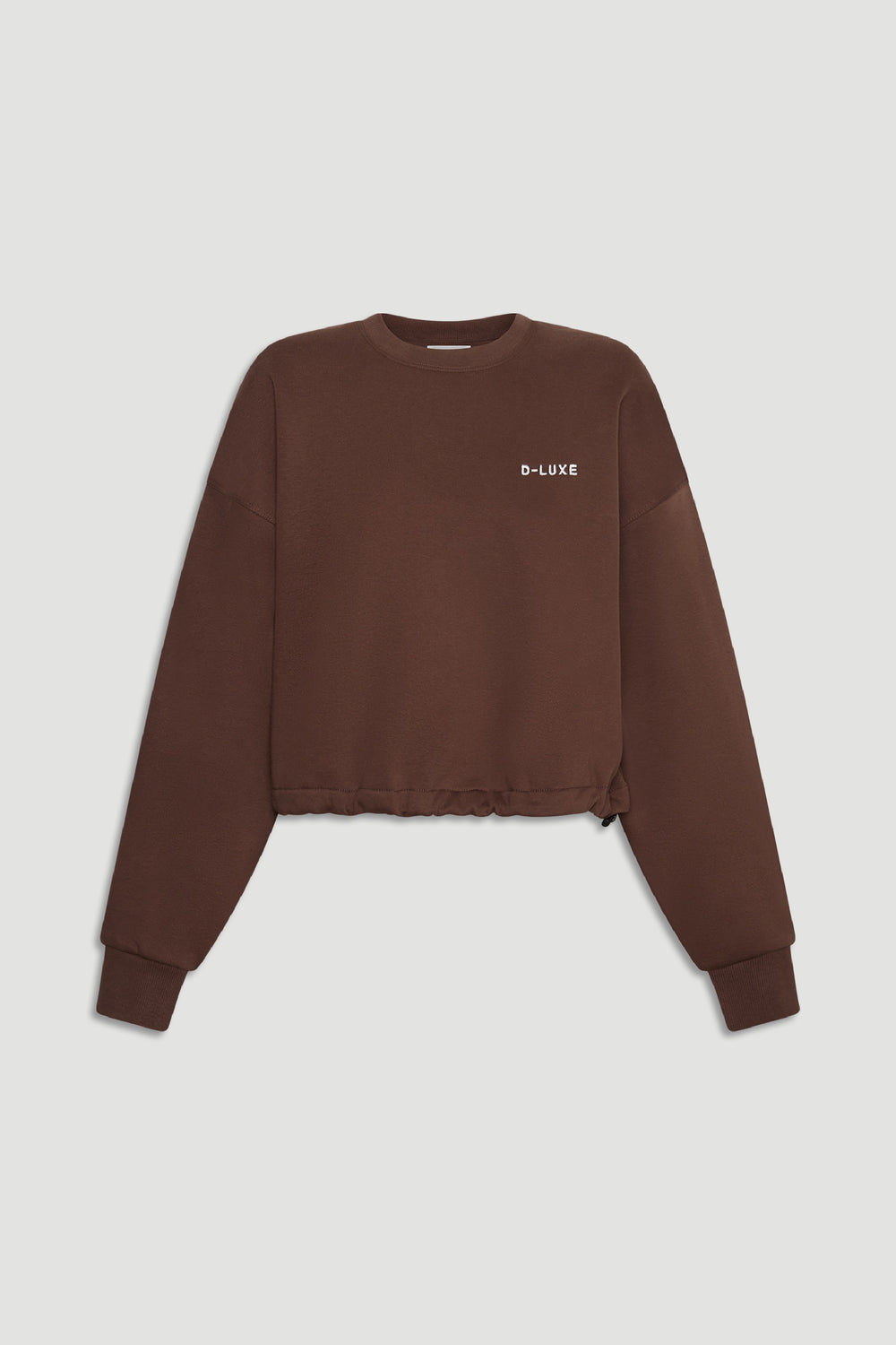 Brown cropped D-Luxe Logo Crop Sweat with long sleeves, ribbed cuffs, and subtle gathered hem for effortless style