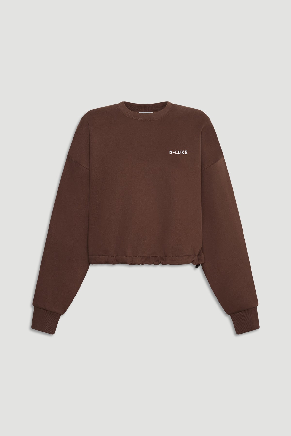 Brown cropped D-Luxe Logo Crop Sweat with long sleeves, ribbed cuffs, and subtle gathered hem for effortless style