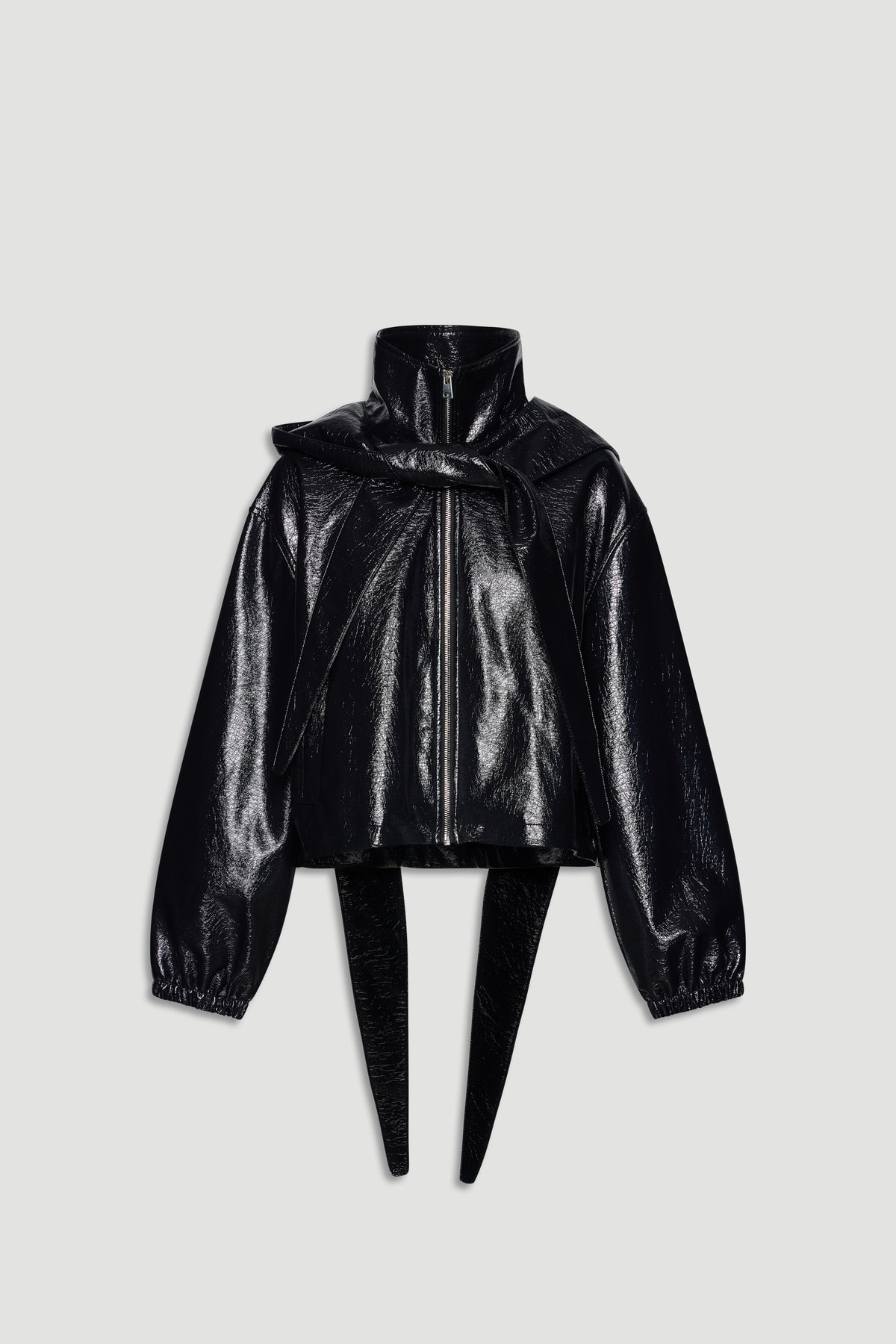 Black glossy zip-up jacket with high collar and long tie details for a modern, edgy finish.