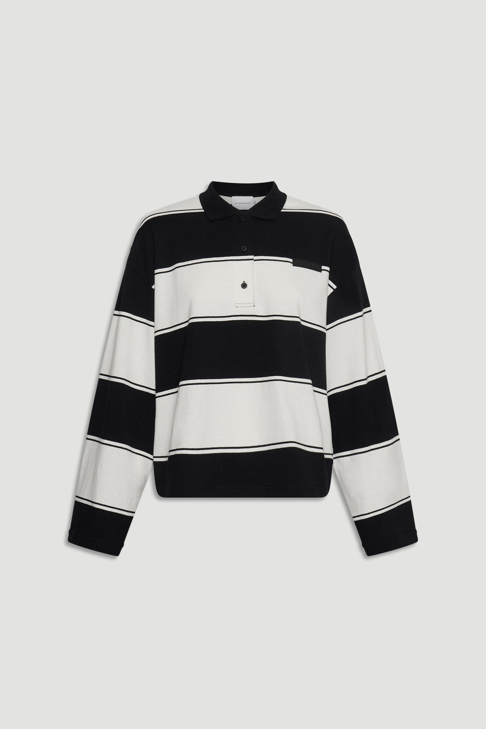 D-Luxe Stripe Polo in 100% cotton with bold black and white stripe pattern, classic collar by DECJUBA Australian fashion brand