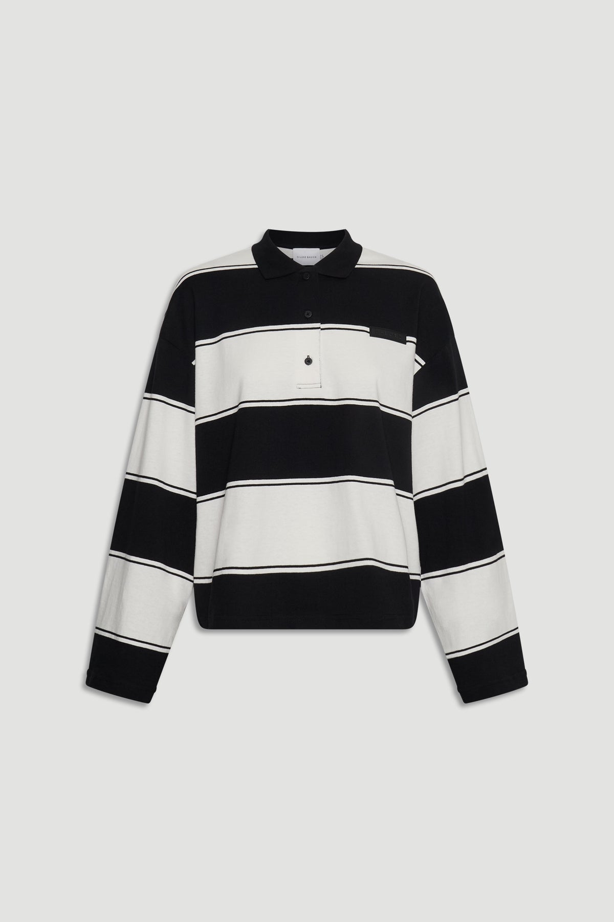 D-Luxe Stripe Polo in 100% cotton with bold black and white stripe pattern, classic collar by DECJUBA Australian fashion brand
