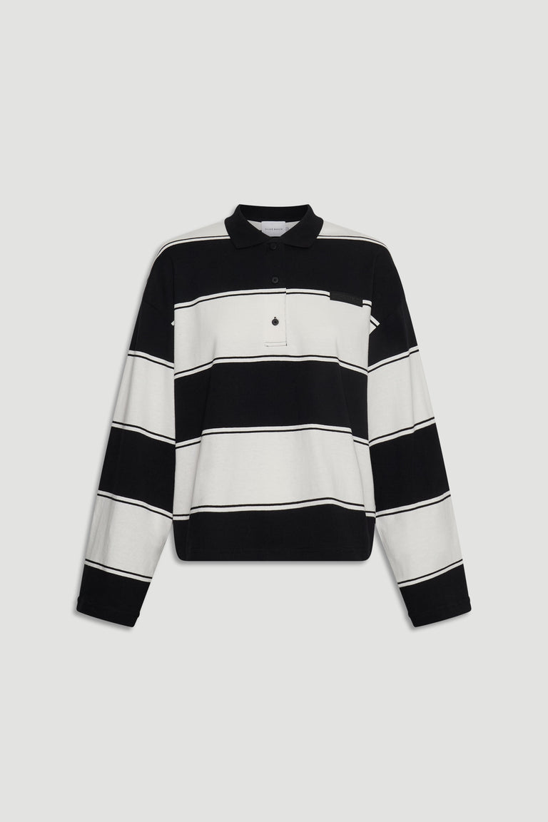 D-Luxe Stripe Polo in 100% cotton with bold black and white stripe pattern, classic collar by DECJUBA Australian fashion brand