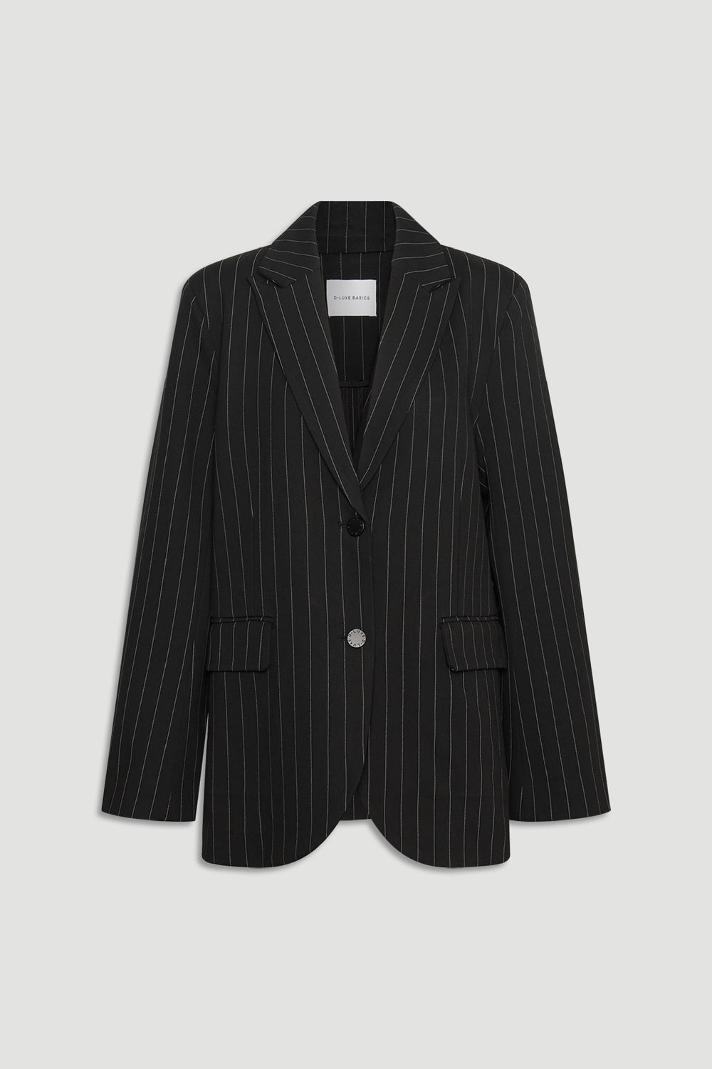 D-Luxe Pinstripe Blazer in black with subtle vertical stripes and tailored lapels for a polished, versatile wardrobe staple.